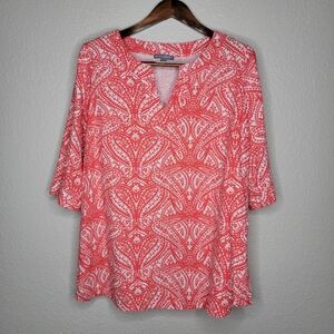 Jessica London Orange And White 3/4  Sleeve V Neck Pullover Tunic Blouse Size 16